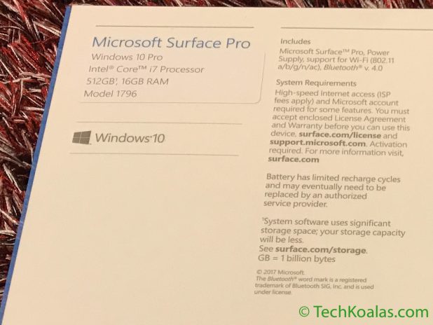 Figure 3. Microsoft Surface Pro - Details of processor, memory, SSD capacity and operating system are printed in the top left corner on the back of the box.