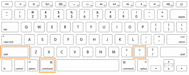 Figure 2. Locations of the "Command", "Shift" and "." keys on a notebook with English US keyboard layout.