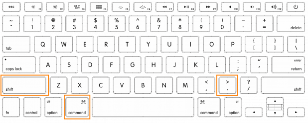Figure 2. Locations of the "Command", "Shift" and "." keys on a notebook with English US keyboard layout. Figure 2. Locations of the "Command", "Shift" and "." keys on a notebook with English US keyboard layout.